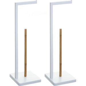 Set van 2x stuks staande wc/toiletrolhouders met reservoir wit 64,5 cm van metaal/bamboe