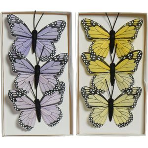6x stuks decoratie vlinders op draad - geel - paars - 6 cm