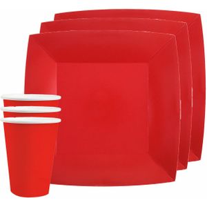 Feest/verjaardag servies set 10x gebaksbordjes en bekertjes - rood - karton