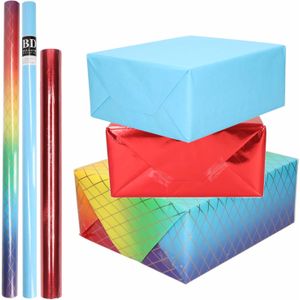 9x Rollen kraft inpakpapier regenboog pakket - regenboog/metallic rood/blauw 200 x 70/50 cm