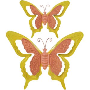 Tuin/schutting decoratie vlinders - metaal - oranje - 24 x 18 cm - 46 x 34 cm