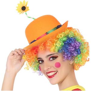 Clown verkleed set gekleurde pruik met bolhoed oranje met bloem