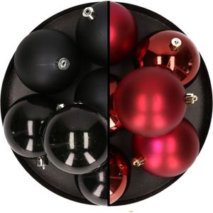 12x stuks kunststof kerstballen 8 cm mix van zwart en donkerrood