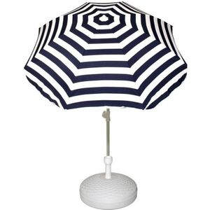 Voordelige set blauw/wit gestreepte parasol en parasolvoet wit