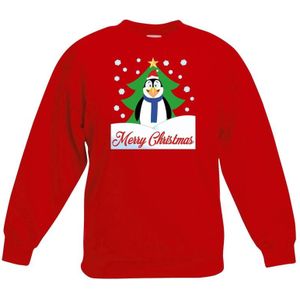 Kersttrui Merry Christmas pinguin rood kinderen