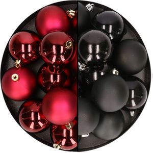 24x stuks kunststof kerstballen mix van donkerrood en zwart 6 cm