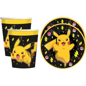 Pokemon themafeest drinkbekers en gebaksbordjes - 32x - zwart/geel - karton