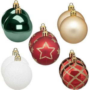 30x stuks kerstballen mix wit/rood/groen/champagne gedecoreerd kunststof 5 cm