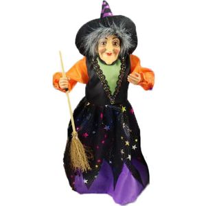 Halloween decoratie heksen pop - staand - 35 cm - zwart/paars