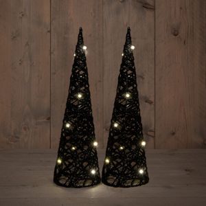 LED kegel kerstboom lampen  - 2x - zwart - kunststof - D12,5 x H40 cm - glitter