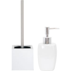 MSV Toiletborstel in houder 38 cm/zeeppompje badkamer accessoires set Montreal - MDF/keramiek - wit