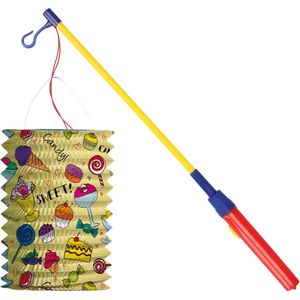 Trek lampion snoep - geel - H16 cm - papier - met lampionstokje - 40 cm