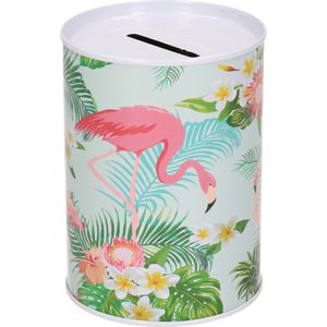 Metalen witte spaarpot flamingos 7.5 x 10 cm