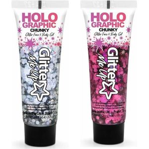 Paintglow Chunky Glittergel voor lichaam en gezicht - 2 tubes - zilver en fuchsia - 12 ml