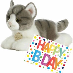 Pluche Knuffel Kat/Poes Grijs/Witte van 20 cm met A5-size Happy Birthday Wenskaart