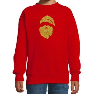 Kerstman hoofd Kerstsweater / Kersttrui rood voor kinderen met gouden glitter bedrukking