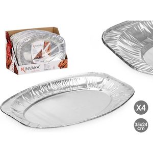 Kinvara Aluminium BBQ/verjaardag/hapjes serveerschalen - zilver - 4x stuks - 35 x 24 cm - wegwerp