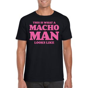 Foute party t-shirt voor heren - macho man - zwart - glitter roze - carnaval/themafeest