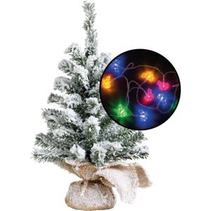 Kleine kunst kerstboom - besneeuwd - incl. paarden thema lichtsnoer gekleurd - H45 cm