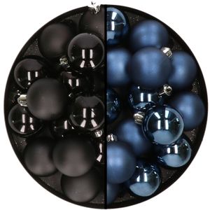 32x stuks kunststof kerstballen mix van zwart en donkerblauw 4 cm