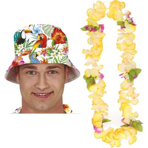 Carnaval verkleed set - Tropische Hawaii party - bucket hoedje - met bloemenslinger - volwassenen