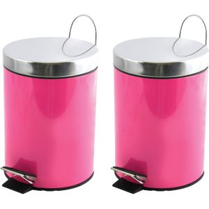 MSV Prullenbak/pedaalemmer - 2x - metaal - fuchsia roze - 3 liter - 17 x 25 cm