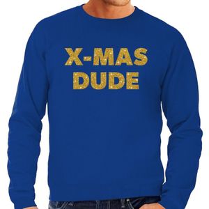 Foute Kersttrui x-mas dude gouden glitter letters blauw heren