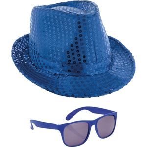 Carnaval verkleed setje - glitter pailletten hoedje en party zonnebril - blauw - volwassenen