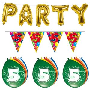 Verjaardag feestversiering 5 jaar PARTY letters en 16x ballonnen met 2x plastic vlaggetjes
