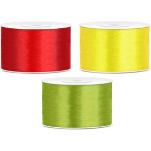 Sierlinten/cadeaulinten/satijnen linten - Set 3x stuks - geel/rood/groen - 38 mm x 25 meter