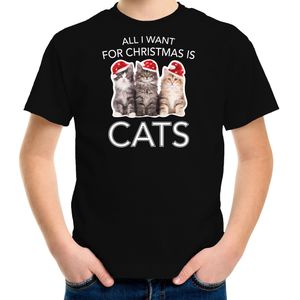 Kitten Kerst t-shirt / outfit All i want for Christmas is cats zwart voor kinderen