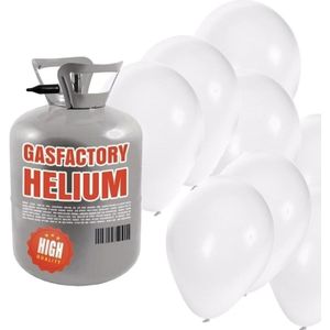 Helium tank met 50 witte ballonnen