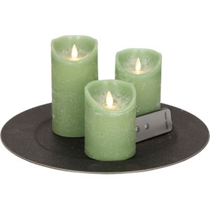 Ronde kaarsenplateau/bord zwart van kunststof D33 cm met 3 jade groene LED-kaarsen 10/12,5/15 cm - Tafeldecoratie