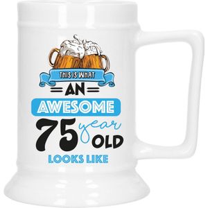 Cadeau Bierpul voor 75 jaar - blauw - grappige leeftijd bierpul - keramiek - 530 ml