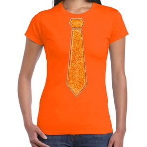 Verkleed t-shirt voor dames - stropdas glitter oranje - oranje - carnaval - foute party