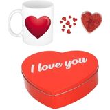 Valentijnsdag cadeau set koffie mok/beker Love hartje met deco strooi hartjes en cadeaublik
