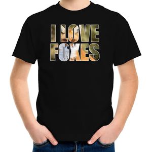 Tekst t-shirt I love foxes met dieren foto van een vos zwart voor kinderen
