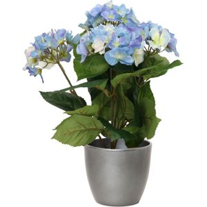 Hortensia kunstplant met bloemen blauw - in pot metallic zilver - 40 cm hoog