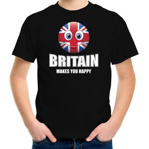 Britain makes you happy landen t-shirt Verenigd Koninkrijk zwart voor kinderen met Emoticon