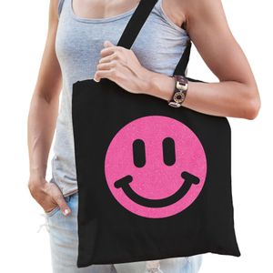 Cadeau tas voor dames - glitter smiley - zwart - katoen - 42 x 38 cm - Moederdag - verjaardag