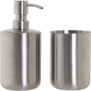 Badkamerset zeeppompje en beker/tandenborstelhouder RVS 17 cm - badkamer accessoires