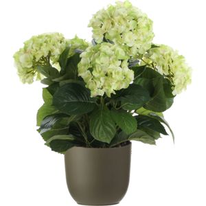 Hortensia kunstplant/kunstbloemen 45 cm - groen - in pot olijfgroen mat