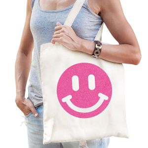 Cadeau tas voor dames - glitter smiley - wit - katoen - 42 x 38 cm - Moederdag - verjaardag
