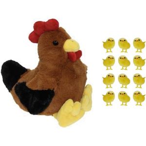 Pluche bruine kippen/hanen knuffel van 25 cm met 12x stuks mini kuikentjes 3,5 cm