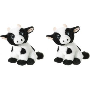 Set van 2x stuks zwart met witte pluche koe/koeien knuffels 14 cm - Boerderij knuffeldieren voor kinderen