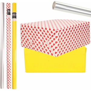 6x Rollen kraft inpakpapier transparante folie/hartjes pakket - geel/harten design 200 x 70 cm