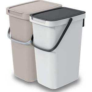 GFT/rest afvalbakken set - 2x - beige/wit - 12L - afsluitbaar - 20 x 26 x 37 cm - afval scheiden