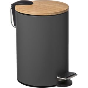 5Five Pedaalemmer - donkergrijs - metaal - 3 L - 24 cm - voor badkamer en toilet - prullenbak