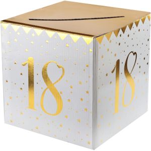 Enveloppendoos - Verjaardag - 18 jaar - wit/goud - karton - 20 x 20 cm