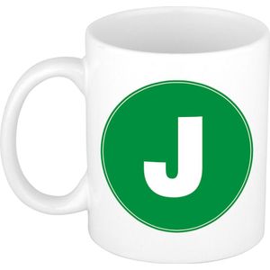 Mok / beker met de letter J groene bedrukking voor het maken van een naam / woord of team
